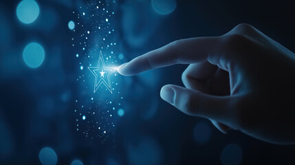 A virtual screen for a customer service review and performance review of efficient work or a business plan using online technology, against a dark blue background with copy space