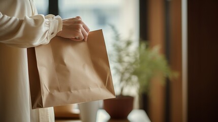 An individual holding a paper shopping bag in a cozy, warmly lit environment.