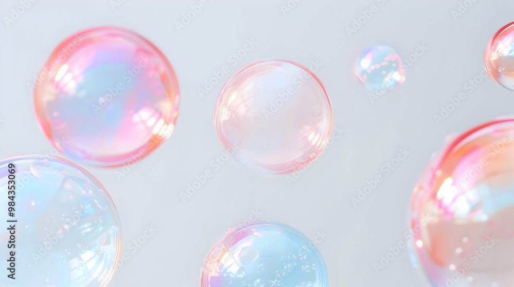 Poster a close-up of several colorful iridescent bubbles floating against a white background