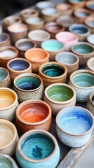A vibrant collection of colorful ceramic cups arranged beautifully, showcasing unique designs and artistic craftsmanship.