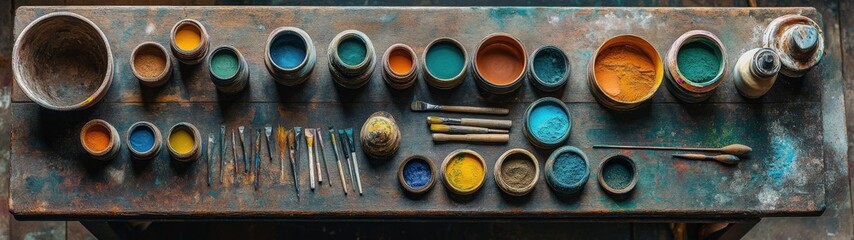 A vibrant collection of paint pots, brushes, and tools arranged artistically on a weathered surface, perfect for creative projects.