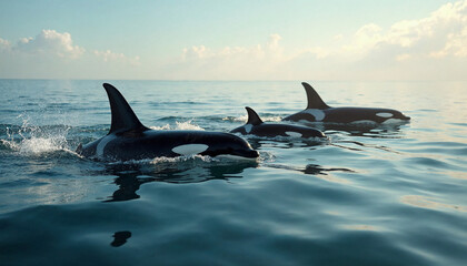 Fototapeta premium A pod of orcas swims gracefully through lightly rippled ocean waters under a clear sky. 