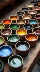 A vibrant collection of small pottery bowls filled with various colorful paints, arranged neatly on a rustic wooden surface.