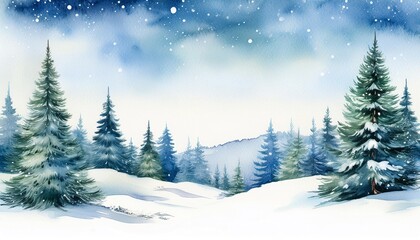 Naklejka premium Watercolor Painting of a Snowy Landscape with Pine Trees