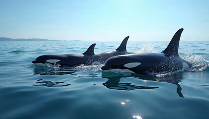 Naklejka premium A pod of orcas swims gracefully through lightly rippled ocean waters under a clear sky. 