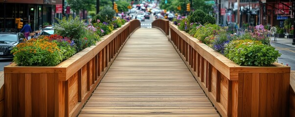 A wooden bridge over a busy urban street, featuring planter boxes with local flowers and shrubs, providing a green pathway for pedestrians