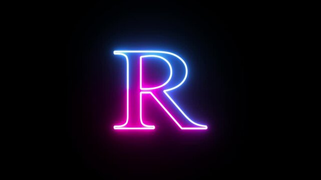 Glowing neon capital letter alphabet R animation. Purple and blue neon font letter "R" on black background. Educational concept
