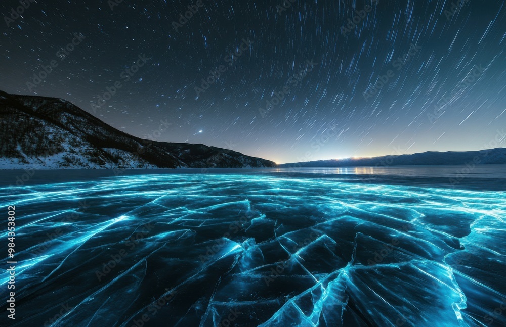 Leinwandbilder a panoramic view of lake frozen surface at night, with star trails in the sky and intricate patterns