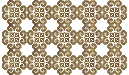 Golden cross stitch pattern, spiral and flower shapes, traditional ethnic pattern, abstract design for printing fabric, dress, carpet, curtain.