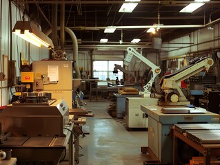 Naklejka premium CNC machine shop with industrial lighting