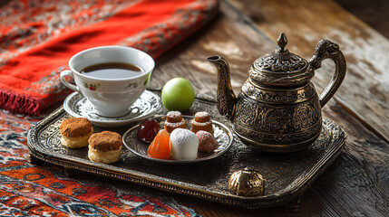 A traditional Turkish coffee set with a cezve, coffee cup, and a small plate of sweet delights.