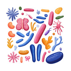 Colorful microbes on a white isolated background.