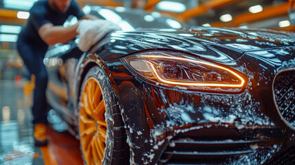 A man cleans the wheel of a shiny black car with a microfiber cloth in a well-lit garage