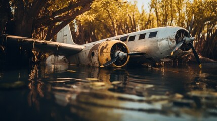 Abandoned vintage airplane partially submerged in a serene, forested lake, covered in rust and exuding an air of nostalgia and mystery.