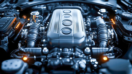Fototapeta premium Close-up view of a modern car engine, featuring sleek and precise details of machinery