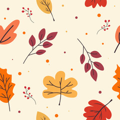 Seamless autumn pattern with leaves, acorns, berries