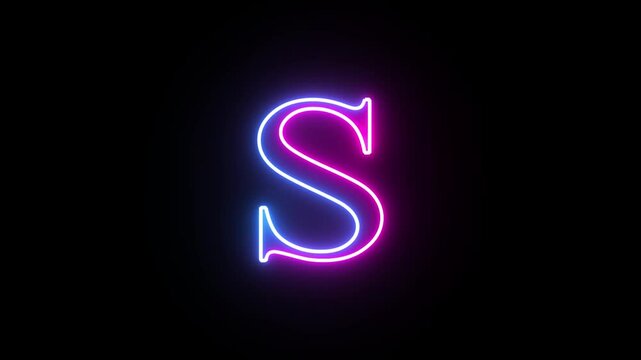 Glowing neon capital letter alphabet S animation. Purple and blue neon font letter "S" on black background. Educational concept