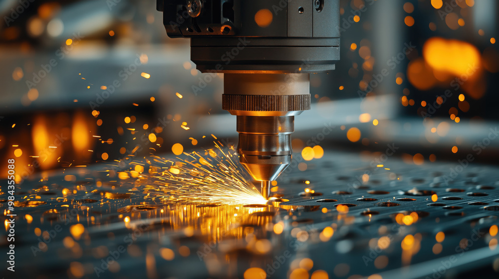 Aufkleber laser cutting process with sparks in workshop setting