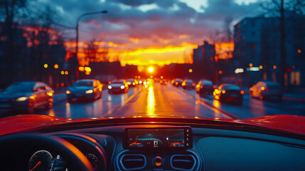 Fototapeta premium A beautiful evening cityscape view from the driver's seat of a luxury car, with colorful lights reflecting off a wet road