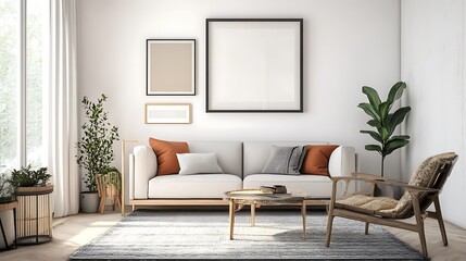 A modern living room with a white sofa, two armchairs, a coffee table, and three picture frames on the wall. There are plants and a rug on the floor.