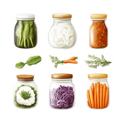 Jars of fresh vegetables on a white isolated background.