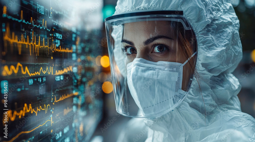Poster scientist in full ppe suit working in a high-tech lab environment with a screen displaying data in t
