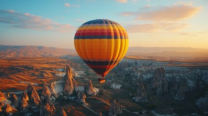 Obraz premium Hot Air Balloon Soaring Over Cappadocia's Fairy Chimneys at Sunset