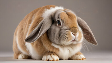 Lop rabbit in studio portrait of French Lop rabbit landscape gray background,
