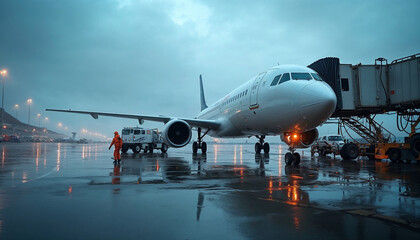 Obraz premium Passenger aircraft being refueled at an airport with a reflective tarmac and drizzly weather.