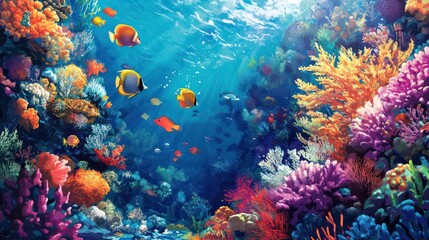 Obraz premium A detailed sea life underwater illustration, showcasing colorful fish, corals, and marine creatures in a vibrant underwater world.