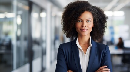 Obraz premium A confident individual in a business suit stands with arms crossed in a sleek, modern office environment.