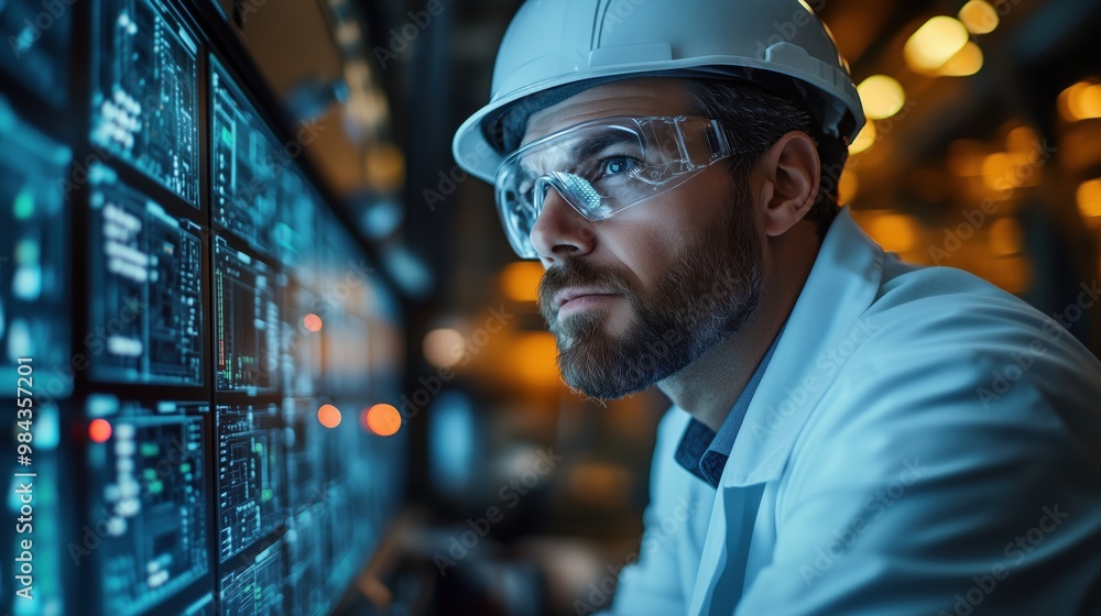 Poster engineer analyzing data on advanced technology screen