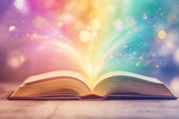 An open book with a vibrant, colorful burst of magic and light emerging from its pages, symbolizing imagination and creativity.