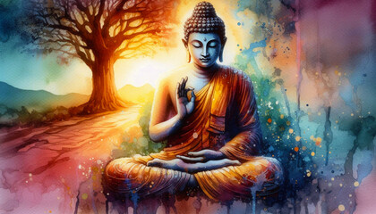 colorful watercolor painting Meditating Buddha statue for meditation, religion, zen, peace, Buddhism related concept