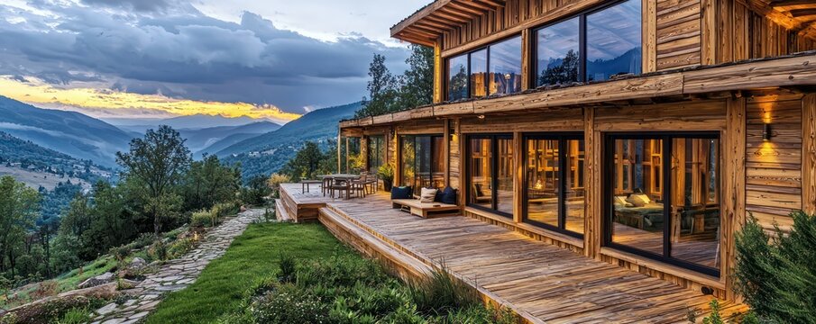 A wooden eco-lodge in a mountainous region, designed with large windows and terraces that offer stunning views of the surrounding landscape, using locally sourced wood