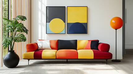 Colorful multicolored sofas, Minimalist interior design of modern living room with colorful multicolored sofa against concrete wall,Japandi, minimalist interior design of modern living room. Ai
