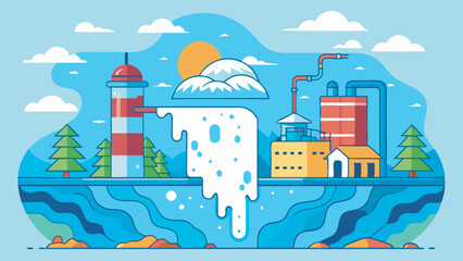 Obraz premium A factory releasing white liquid into a river, near a lighthouse and pine trees in a picturesque but concerning scene.