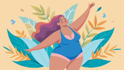 Obraz premium bodypositive. A woman with long purple curly hair in a blue leotard adopts a dancing pose among brightly coloured leaves and butterflies, radiating cheerfulness and beauty.