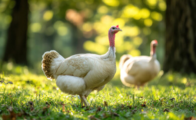 Obraz premium White Turkeys walk on the grass on a sunny day and eat worms