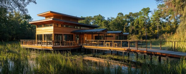 A wooden ecological education center in a wetland park, featuring classrooms and viewing platforms integrated into the natural setting