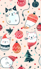 New Year's and Christmas festival seamless pattern in a 2D doodle illustrator style on pastel color backgrounds for graphic advertising.