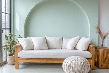 Interior of the living room, finished with mint-colored arched walls. A photo of the mid-century modern interior of the living room, with a sofa and knit poof made from wood frames. Generative AI
