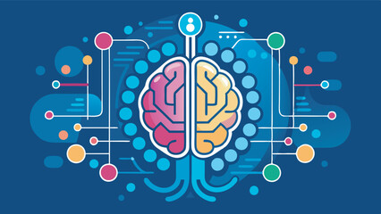 Obraz premium A brain diagram on a blue background with circuit board pattern shows hemispheres divided by color with decorative elements. Measurements shown, likely for educational use.