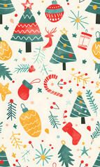 New Year's and Christmas festival seamless pattern in a 2D doodle illustrator style on pastel color backgrounds for graphic advertising.
