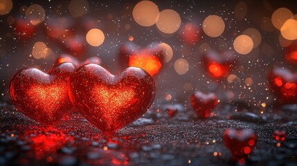 Shimmering Hearts on a Sparkling Background