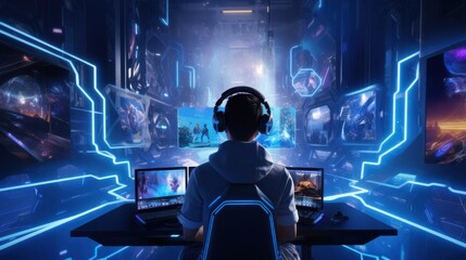 A player is immersed in a dynamic gaming environment, surrounded by multiple screens, vibrant neon lights, and futuristic visual elements highlighting an intense focus.
