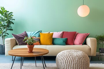 A modern living room interior photograph of a combination of Scandinavian interiors and mid-century modern interiors in a living room finished with mint walls. Generative AI
