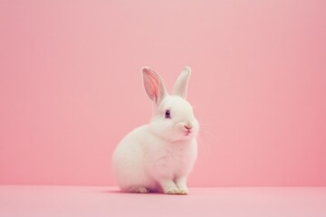 Fototapeta premium Cute white rabbit on pink background. Studio shot.