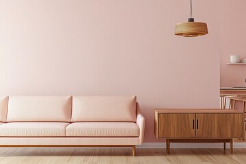 Living room with pink wall and sofa. Minimalist Century Modern interior photo of apartment living room with wood cabinet. Generative AI
