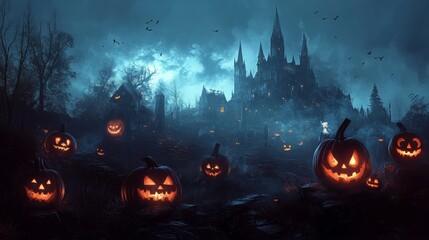 A haunted castle surrounded by glowing Jack-o'-Lanterns, under a dark sky filled with bats, creating a spooky Halloween atmosphere.